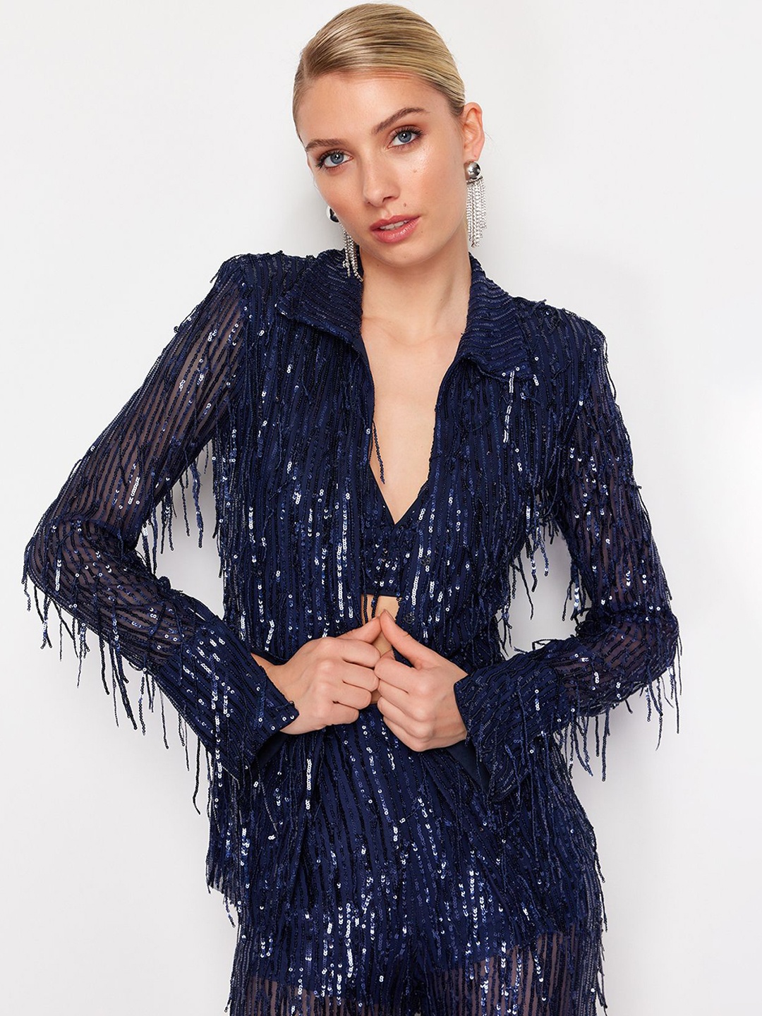 

Trendyol Embellished Spread Collar Tailored Jacket, Blue