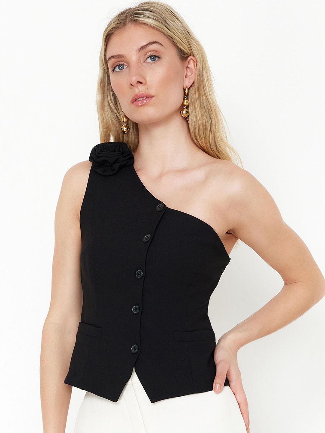 

Trendyol One Shoulder Applique Fitted Top, Black