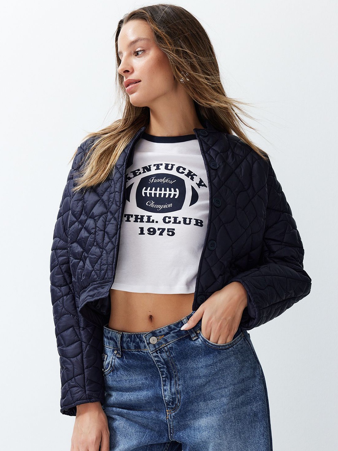 

Trendyol Self Design Stand Collar Crop Padded Jacket, Navy blue