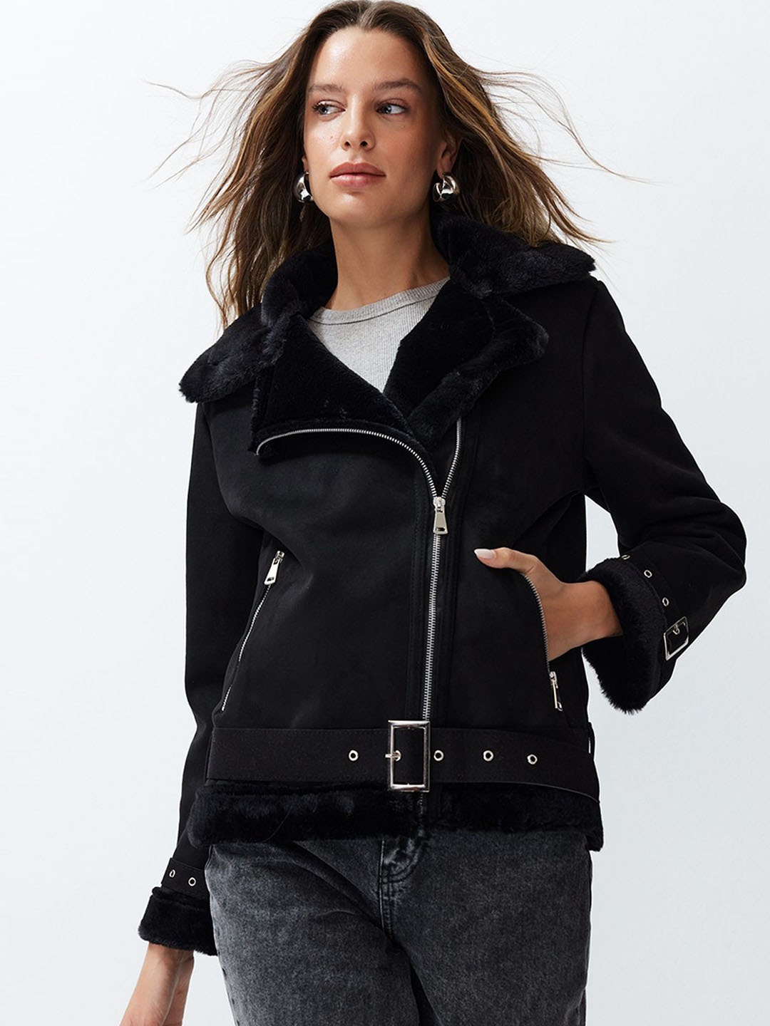 

Trendyol Spread Collar Faux Fur Trim Biker Jacket, Black