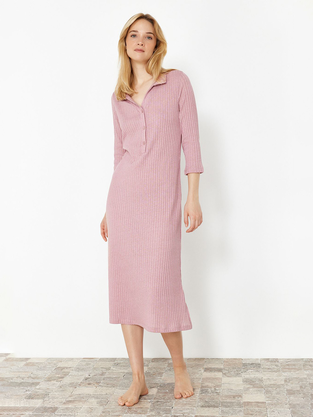 

Trendyol Striped Lapel Collar Midi T-shirt Nightdress, Pink