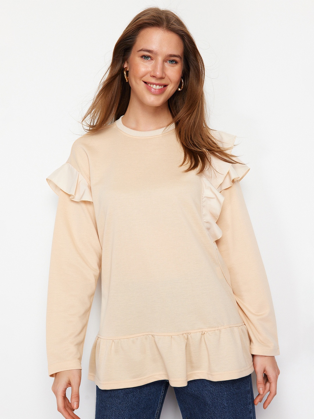 

Trendyol Round Neck Long Sleeves Ruffled A-Line Longline Top, Beige