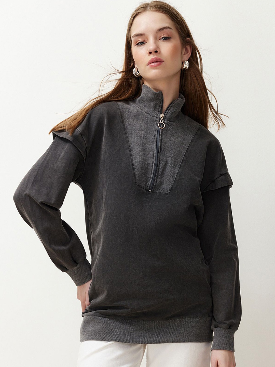 

Trendyol Mock Collar Pullover Sweatshirt, Grey