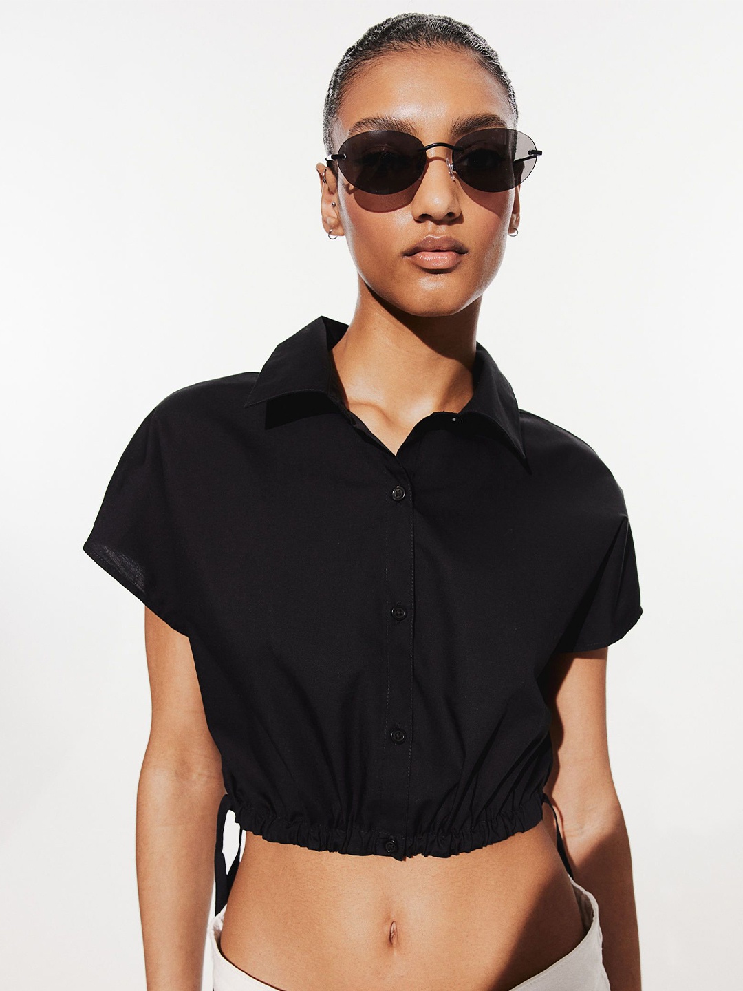 

H&M Cotton Cropped Tie-Detail Shirt, Black