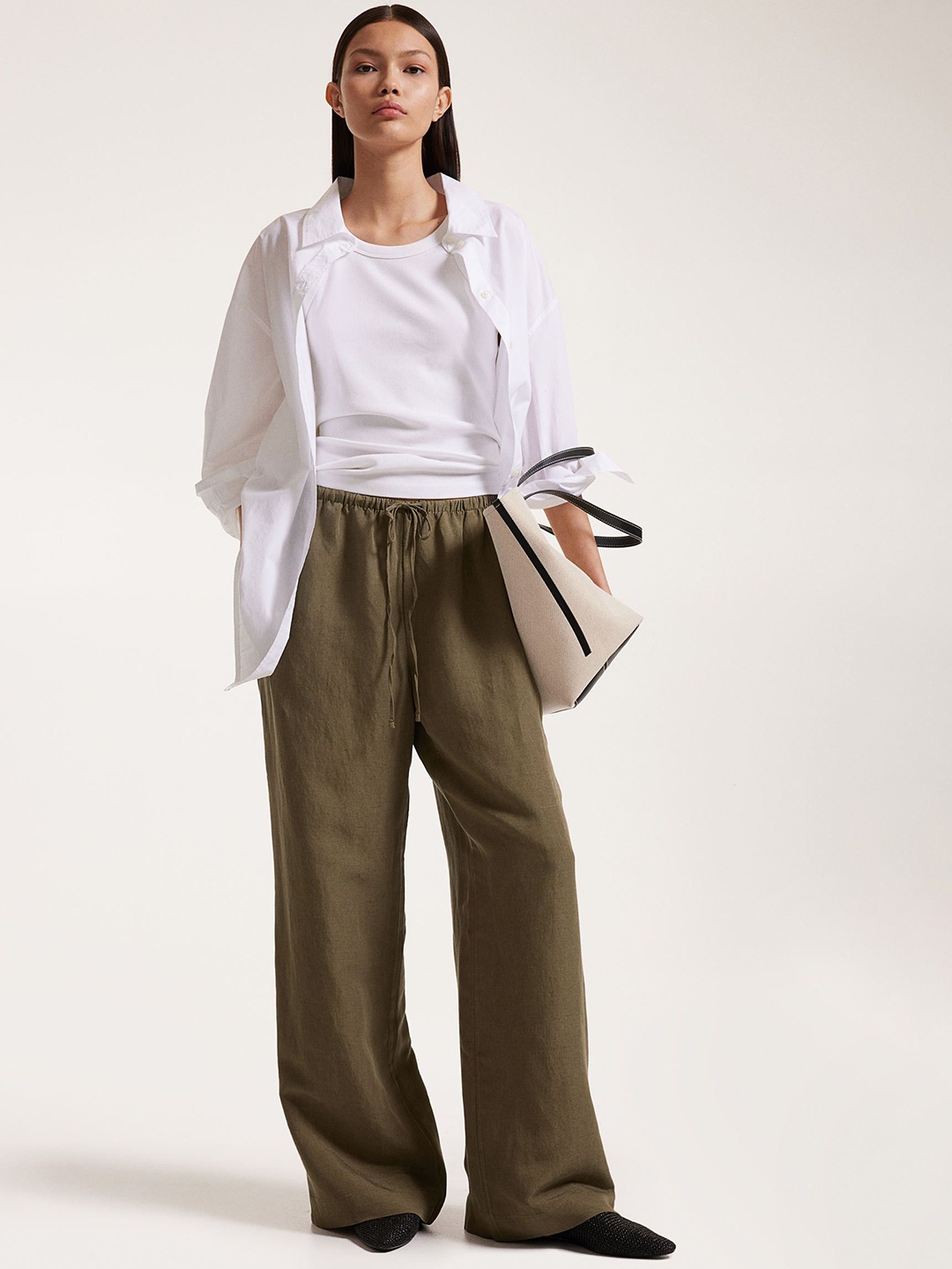 

H&M Women Linen-Blend Trousers, Olive
