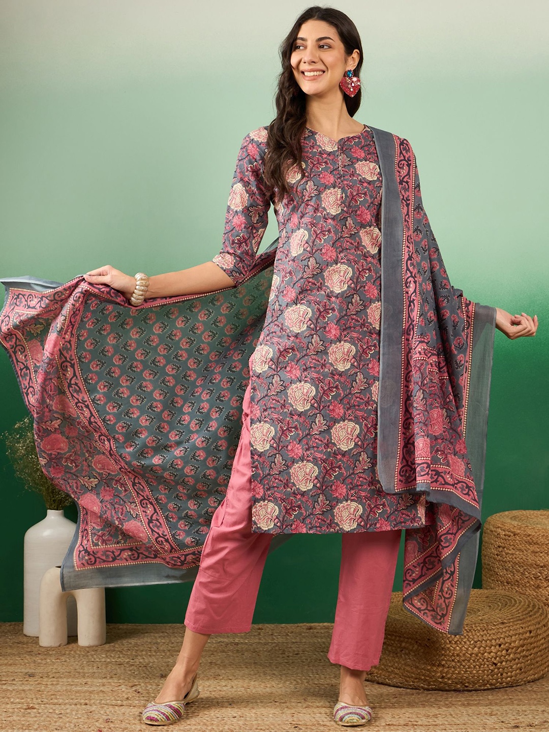 

KALINI Floral Printed Regular Pure Cotton Straight Kurta With Trousers & Dupatta, Grey