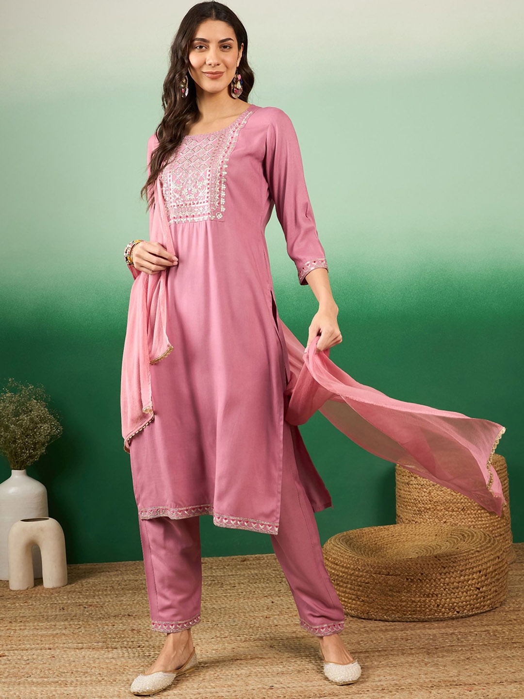 

KALINI Ethnic Motifs Embroidered Regular Kurta with Trouser & Dupatta, Pink