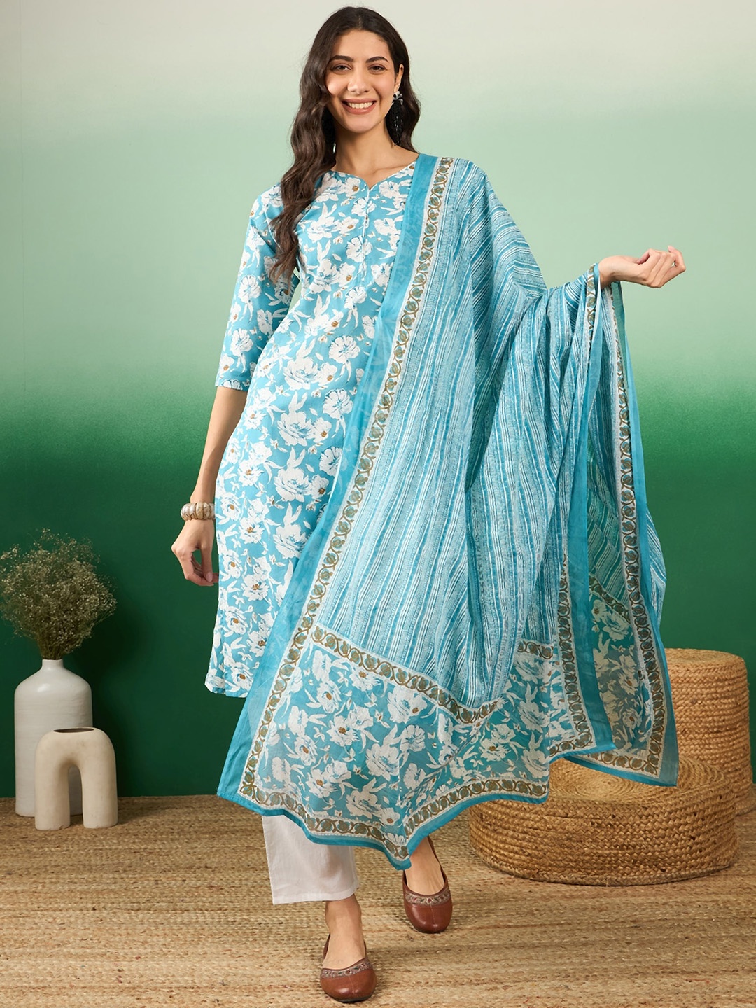 

KALINI Floral Printed Regular Pure Cotton Straight Kurta With Trousers & Dupatta, Blue