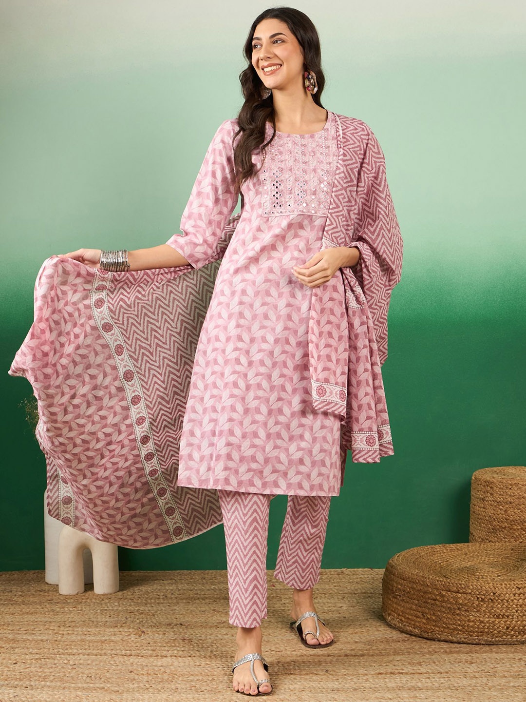 

KALINI Floral Printed Mirror Work Pure Cotton Kurta With Trousers & Dupatta, Pink