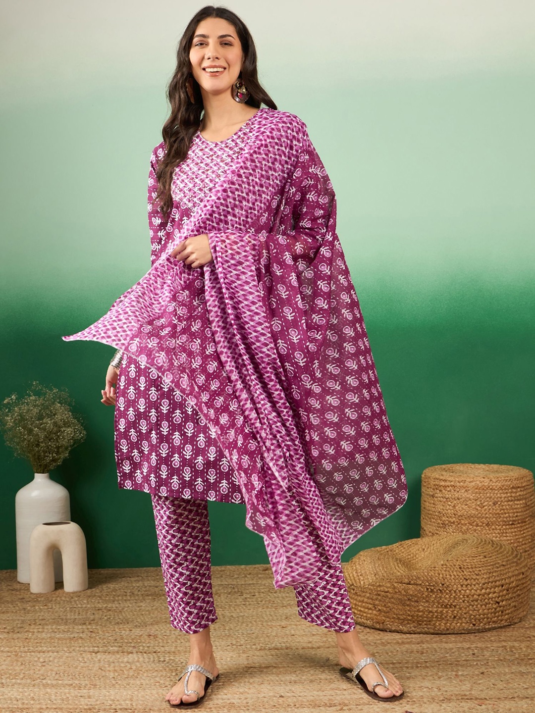

KALINI Floral Printed Mirror Work Pure Cotton Straight Kurta With Trousers & Dupatta, Purple