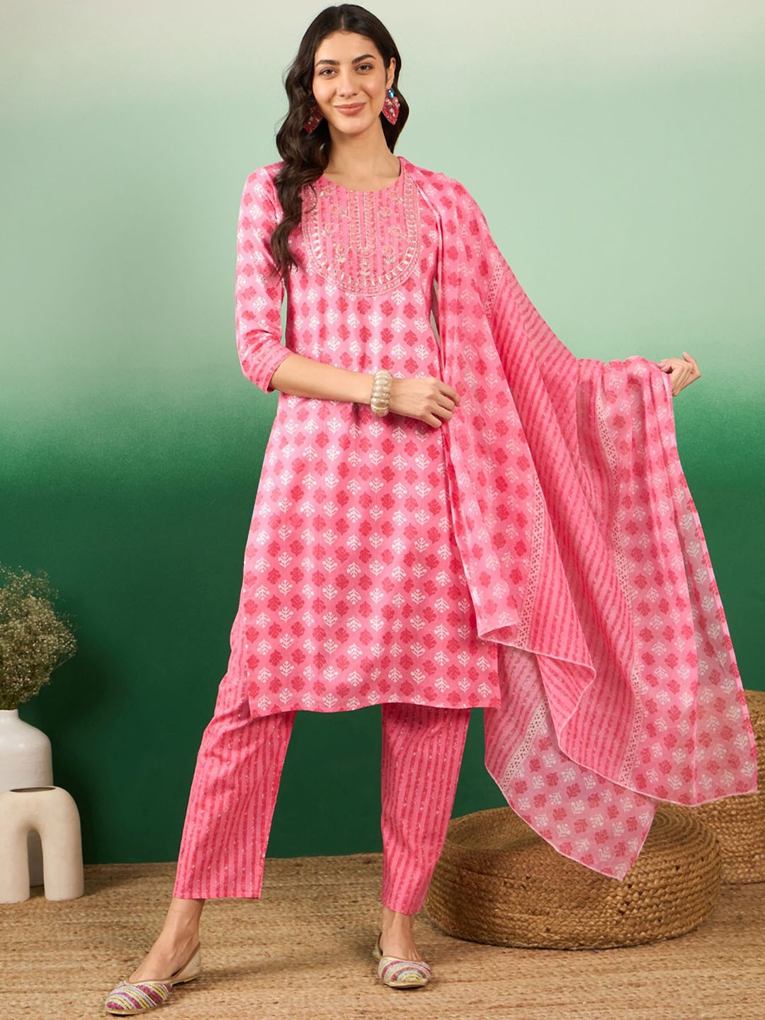 

KALINI Floral Printed Mirror Work Pure Cotton Straight Kurta With Trousers & Dupatta, Pink