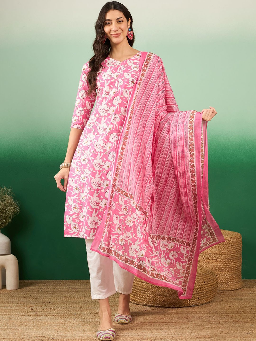 

KALINI Floral Printed Pure Cotton Straight Kurta With Trousers & Dupatta, Pink