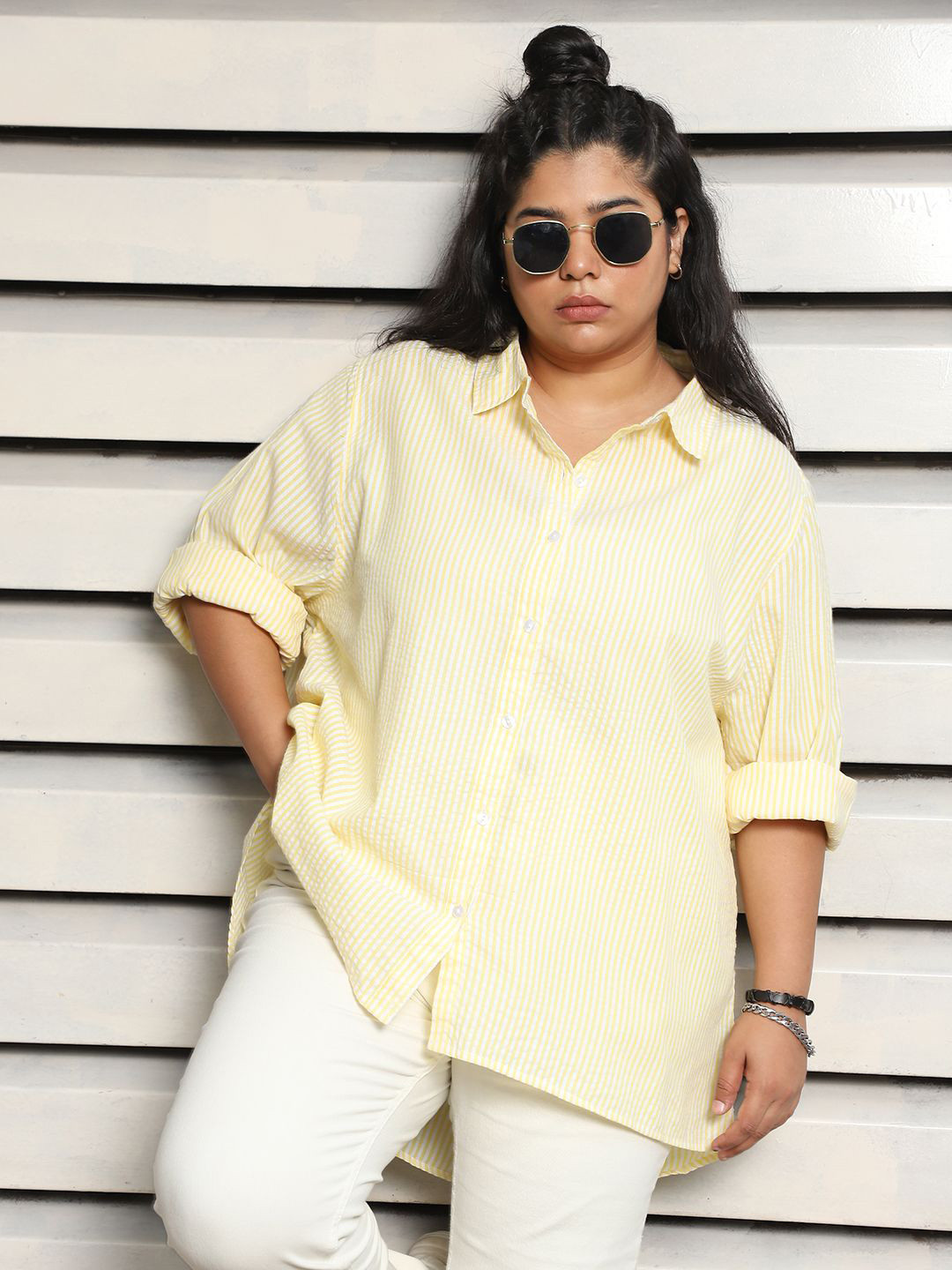 

Freeform by High Star Women oversized Textured Striped Casual Shirt, Yellow