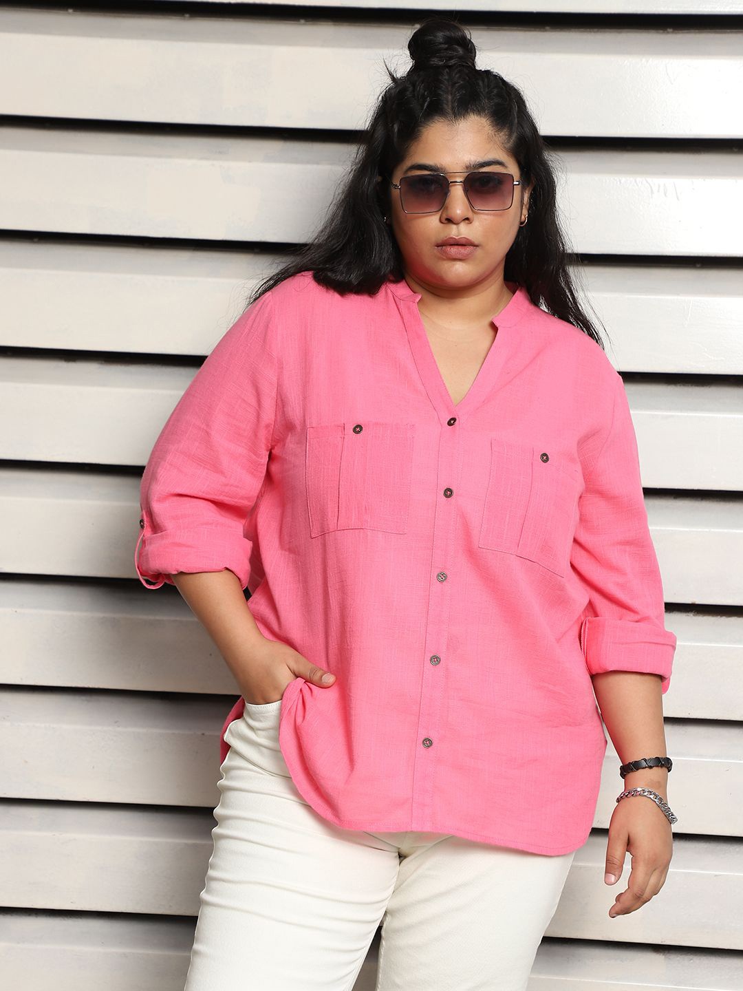 

Freeform by High Star Plus Size regular fit casual Cotton Casual Shirt, Pink
