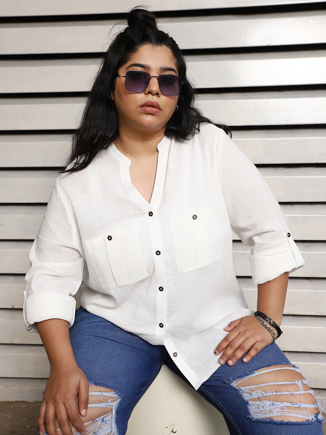 

Freeform by High Star Plus Size Regular Fit Casual Cotton Casual Shirt, Off white