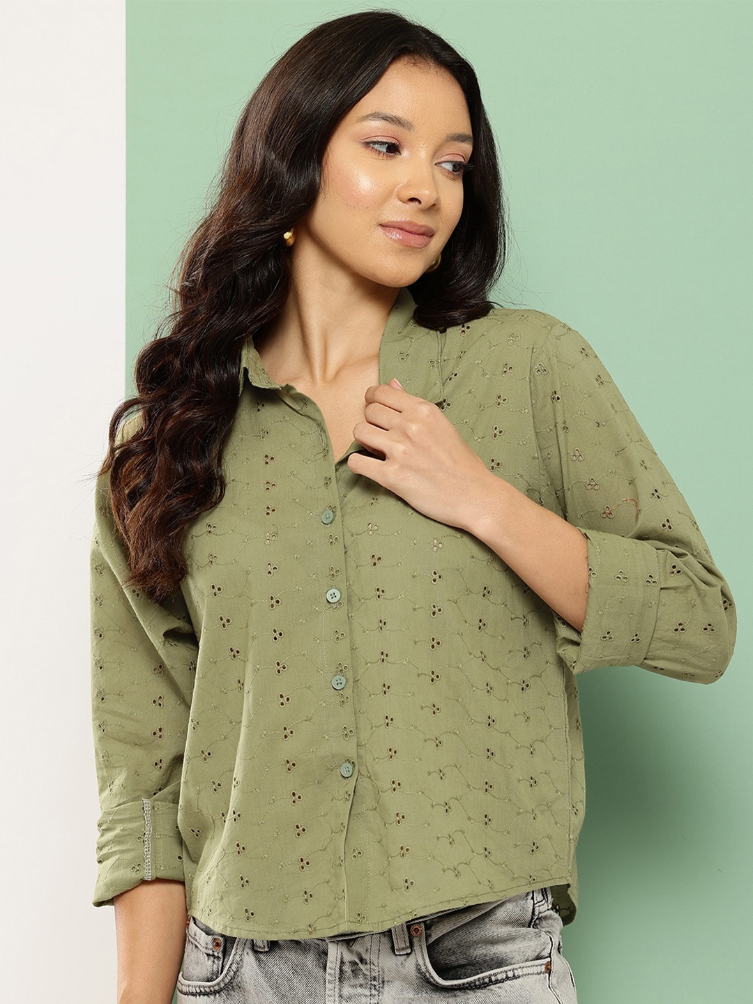 

The Roadster Lifestyle Co. Olive Green schiffli Spread Collar Semi Sheer Cotton Shirts