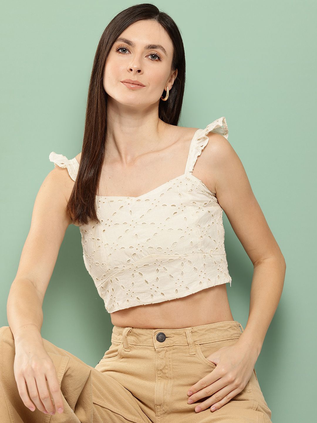 

The Roadster Lifestyle Co. Off White Square Neck Flutter Sleeves Schifili Cotton Crop Top