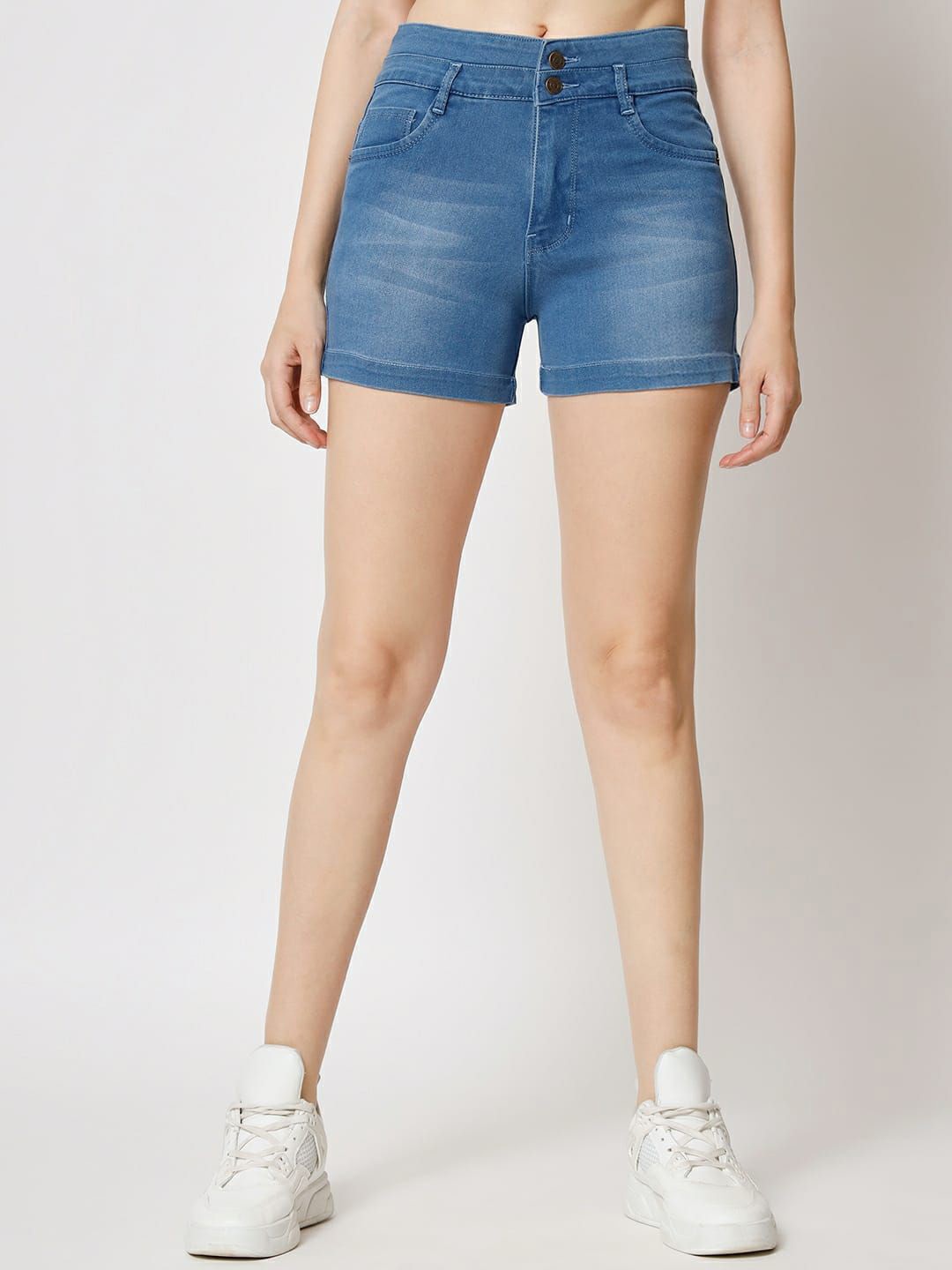 

FASHIONFIBRE Women Washed High-Rise Regular Fit Denim Cotton Shorts, Blue