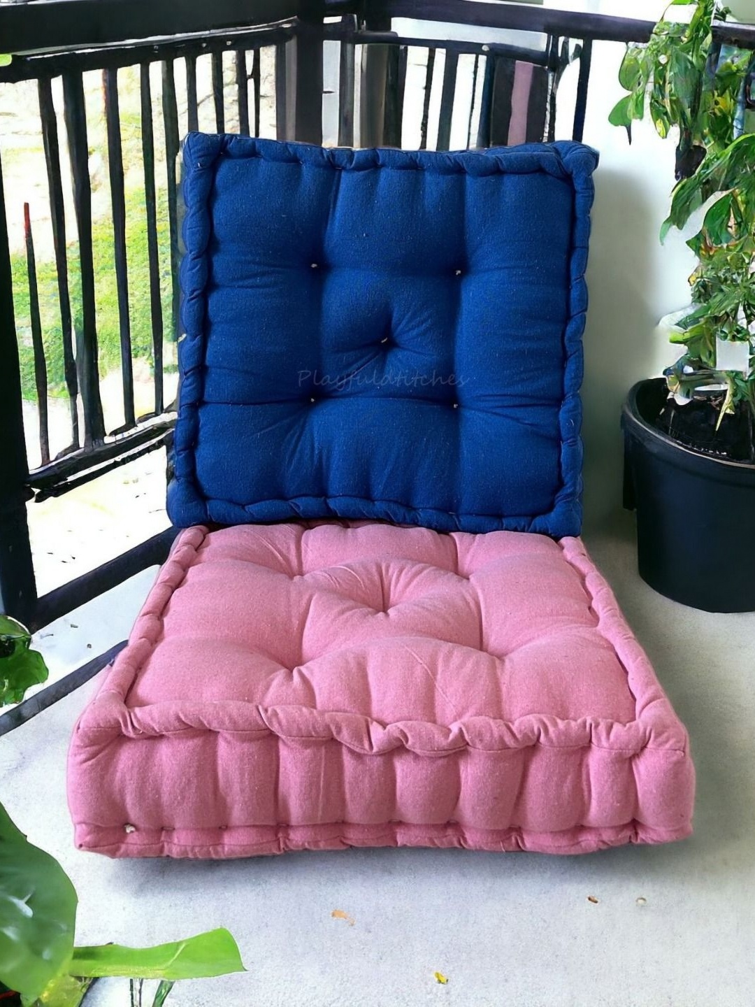 

PLAYFUL STITCHES Pink & Blue 2 Pieces Cotton Floor Cushions