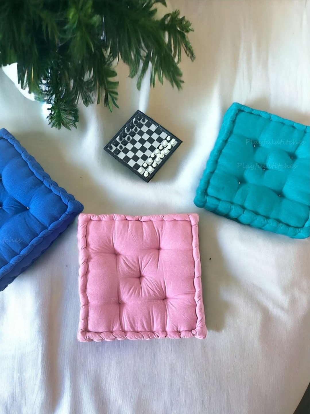 

PLAYFUL STITCHES Pink & Blue 3 Pieces Square Cotton Floor Cushions