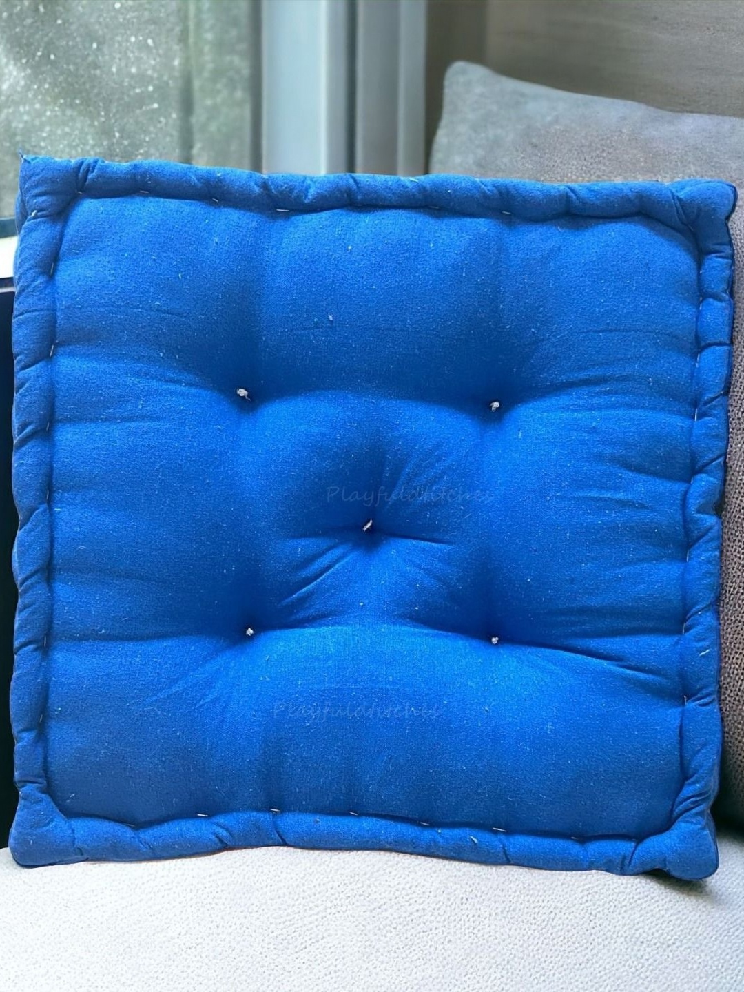 

PLAYFUL STITCHES Blue Square Cotton Floor Cushion