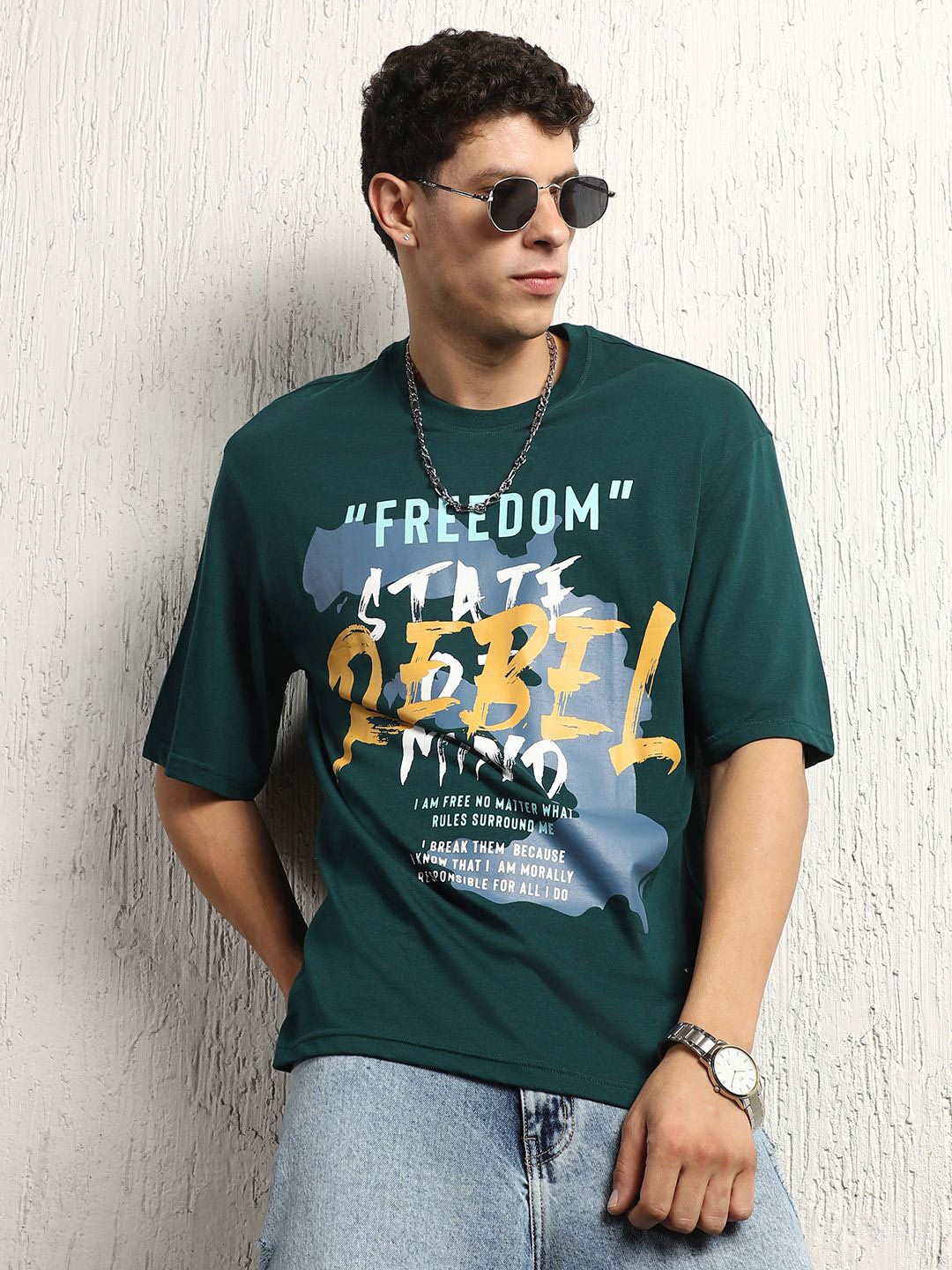 

Hubberholme Men Cotton Typography Printed Round Neck Oversized T-shirt, Teal