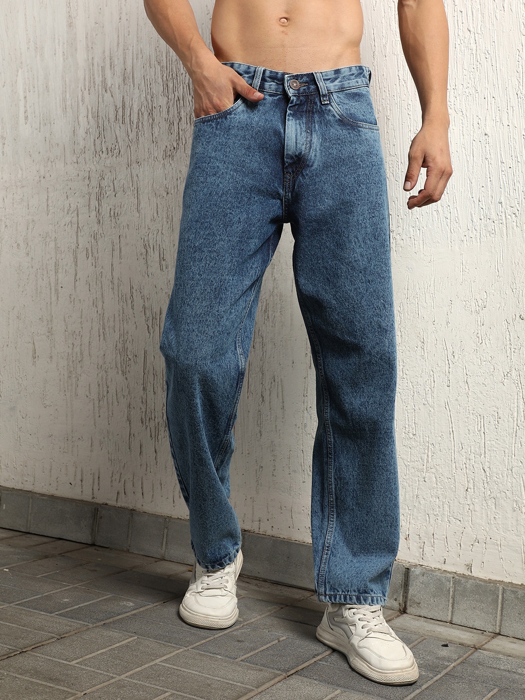 

Hubberholme Men Loose leg Relaxed Fit Heavy Faded Cotton Jeans, Blue