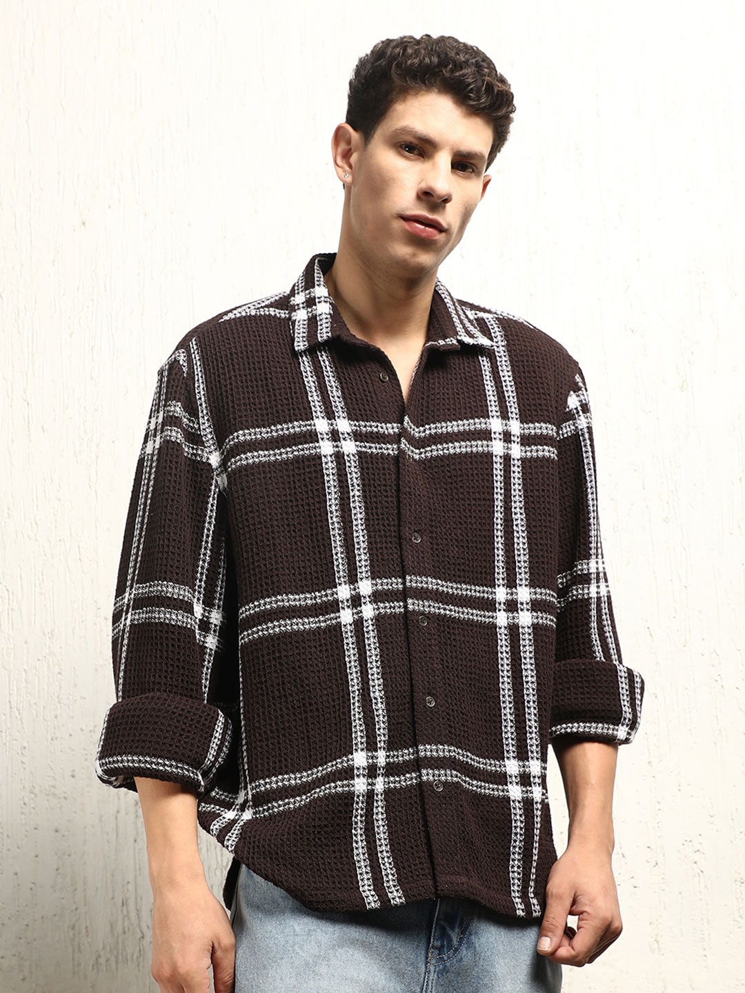 

Hubberholme Classic Tartan Checks Cotton waffle Casual Shirt, Brown