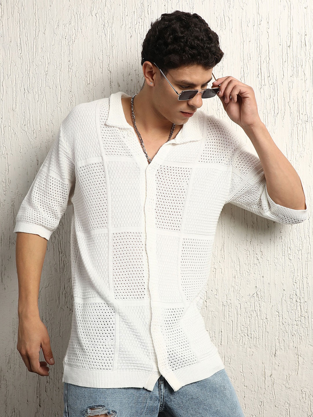 

Hubberholme Men relased fit crochet semi sheer cotton Casual Shirt, White