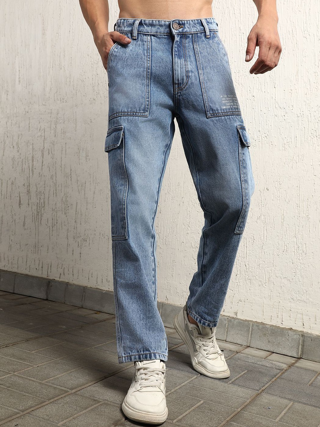 

Hubberholme Men Straight Tapered Fit Light Fade Cotton Cargo Carpenter Jeans, Blue