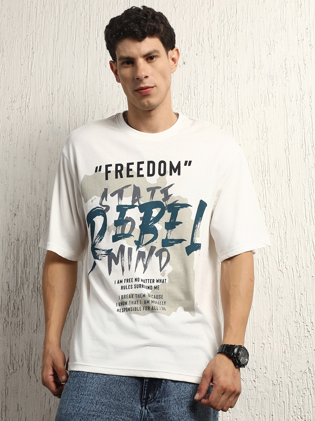 

Hubberholme Men Cotton Typography Printed Round Neck Oversized T-shirt, White