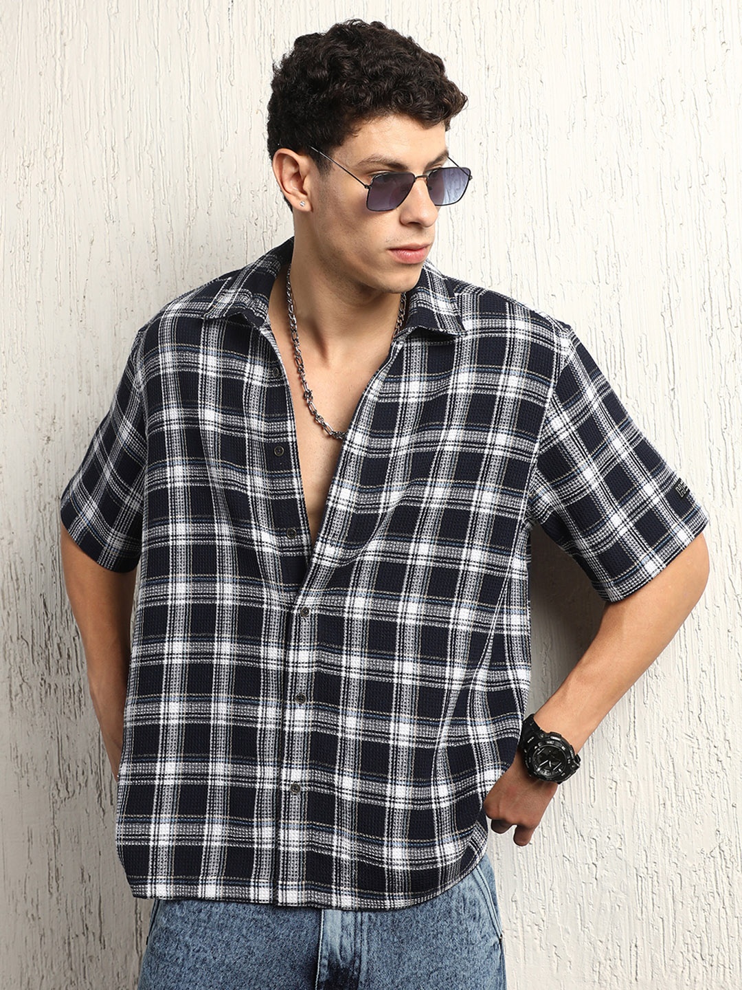 

Hubberholme Classic Oversized waffle Checked Cotton Casual Shirt, Black
