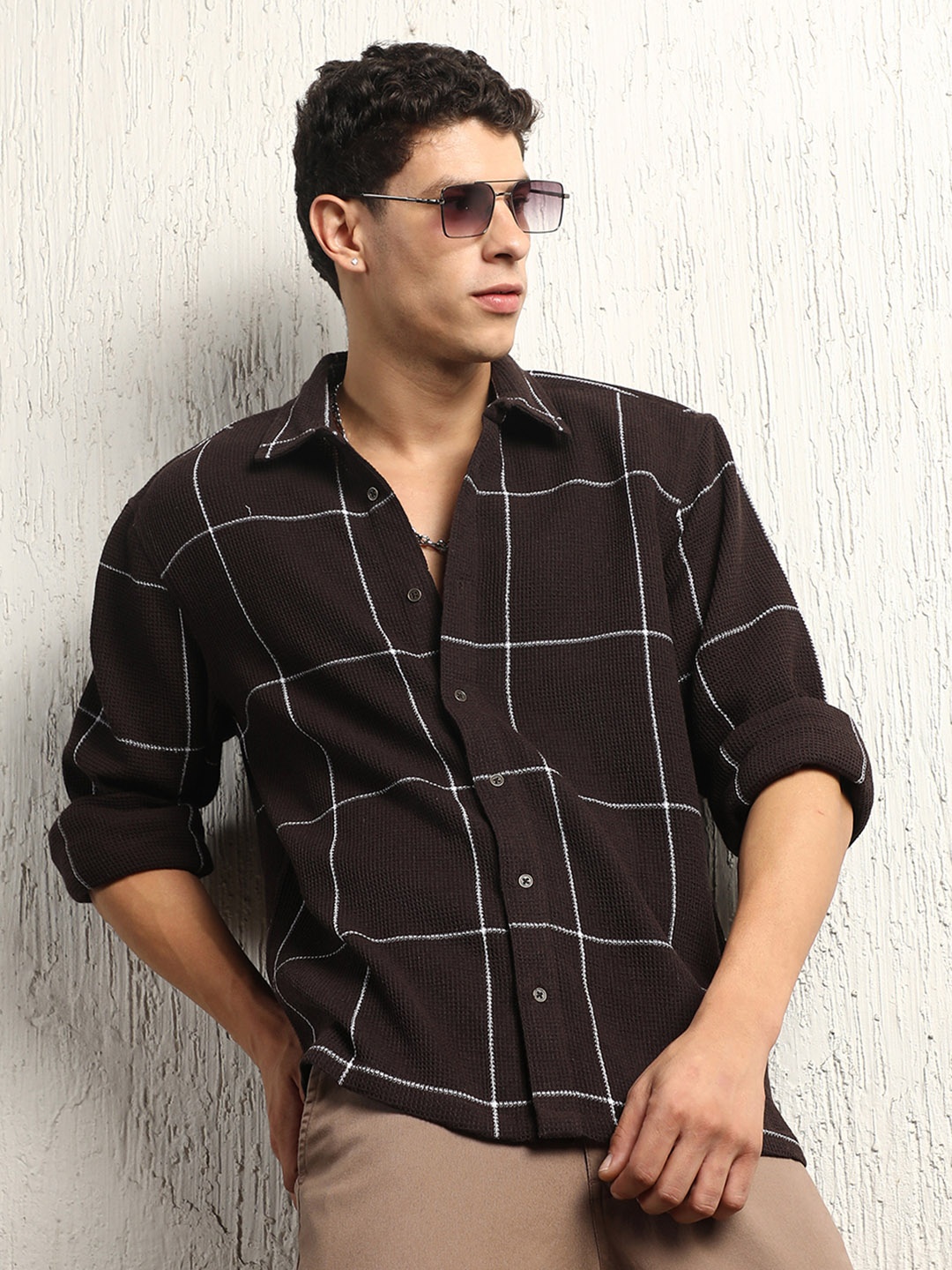 

Hubberholme Oversized Cotton Casual Check Waffel Double Pocket Full Sleeve Shirt, Brown