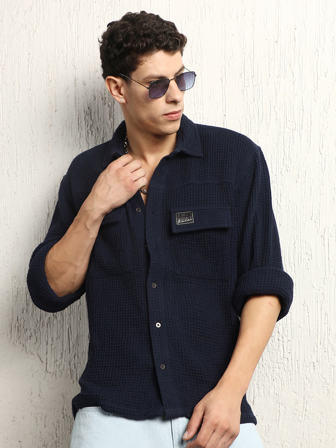 

Hubberholme Oversized Cotton Casual Waffel Double Pocket Full Sleeve Shirt, Blue