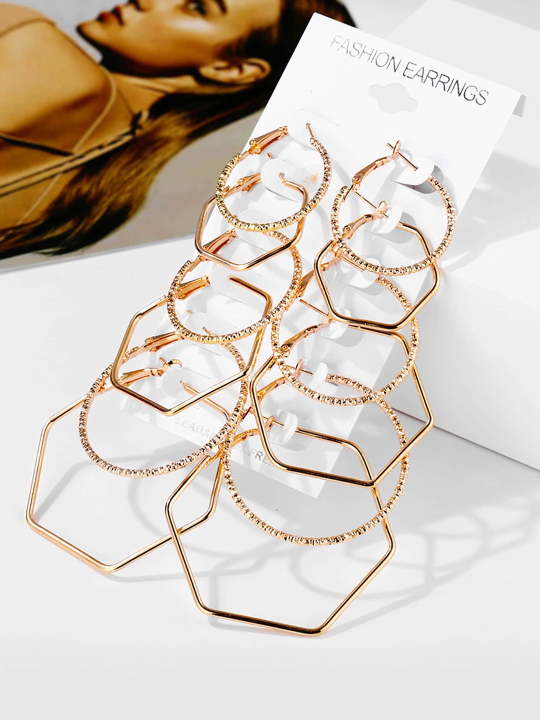 

Yellow Chimes Set Of 6 Gold Plated Geometric Hoop Earrings