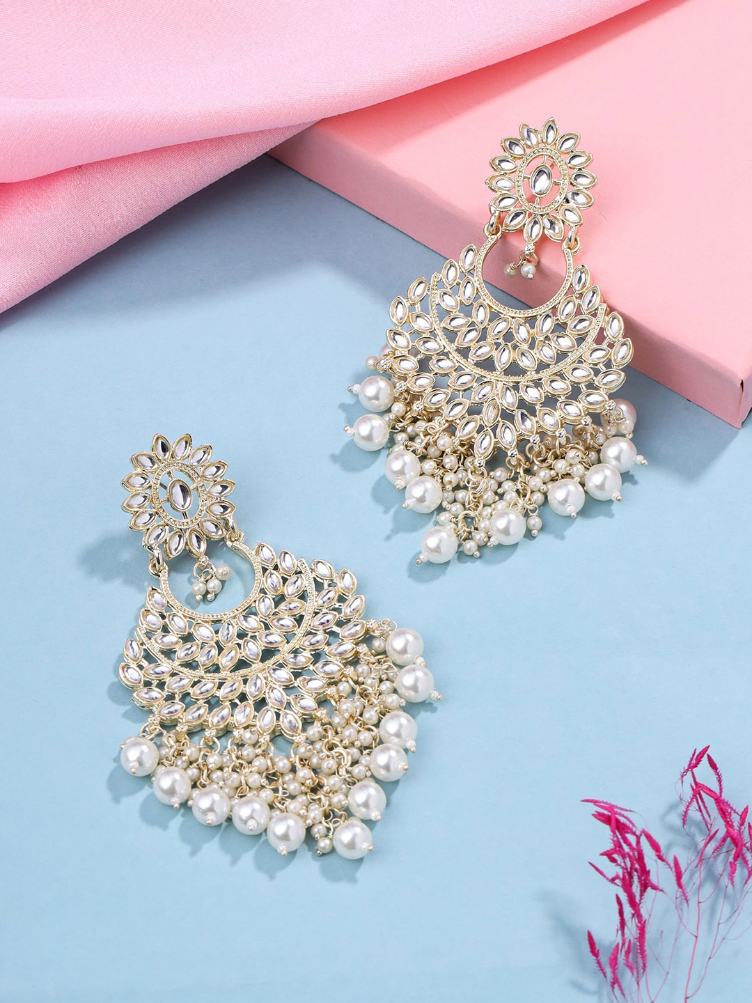 

Yellow Chimes Gold-Plated Circular Chandbalis Earrings, White