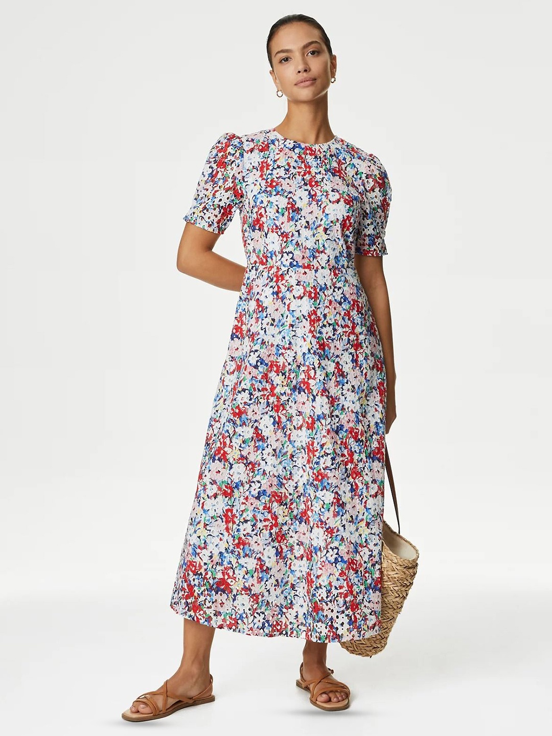 

Marks & Spencer Floral Printed Puffed Sleeves Cut-Outs A-Line Midi Dress, White