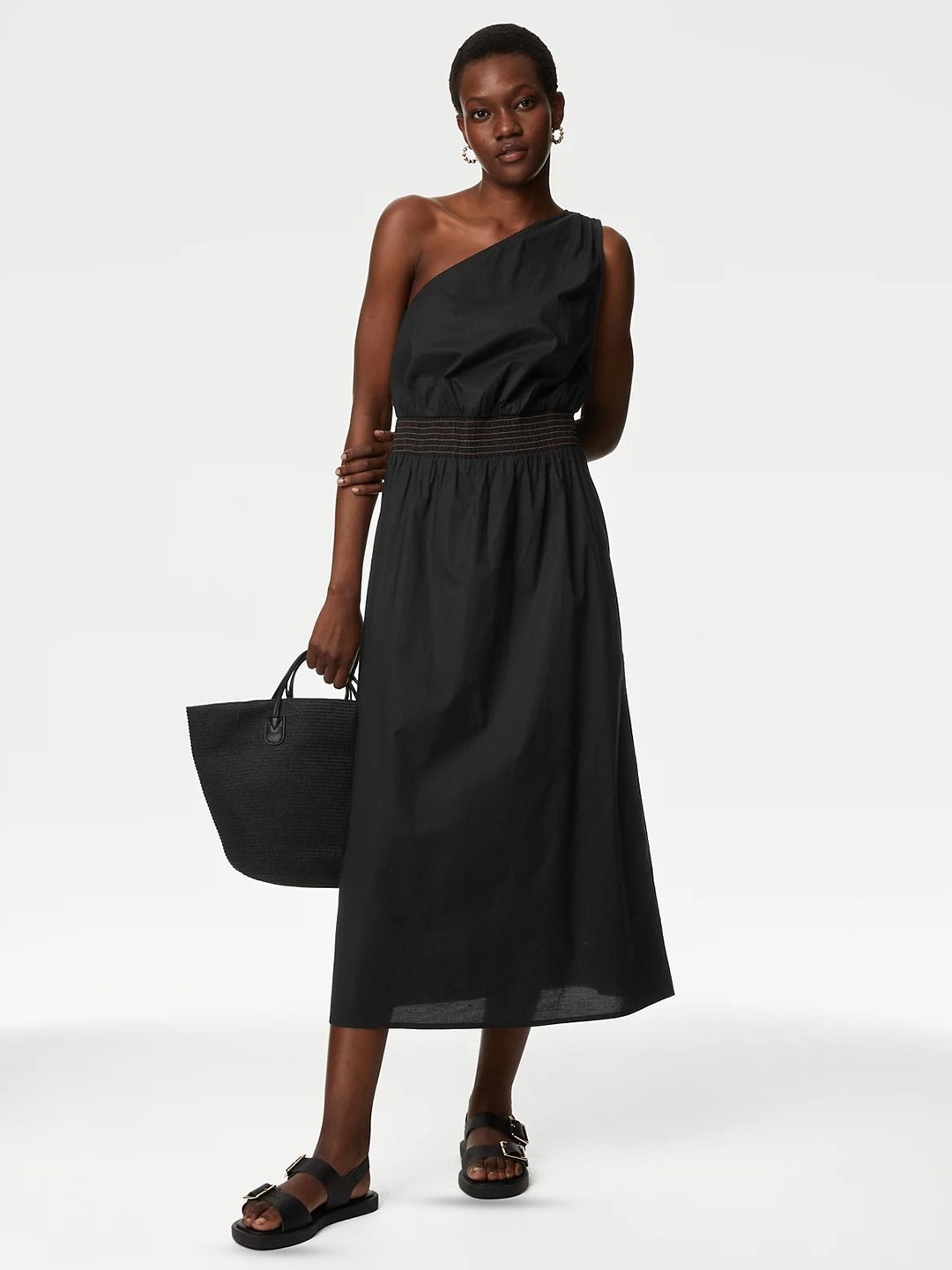 

Marks & Spencer One Shoulder Smocked Pure Cotton Fit & Flare Midi Dress, Black