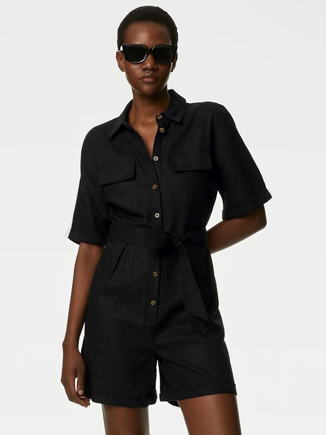 

Marks & Spencer Shirt Collar Waist Tie-Ups Belted Playsuit, Black