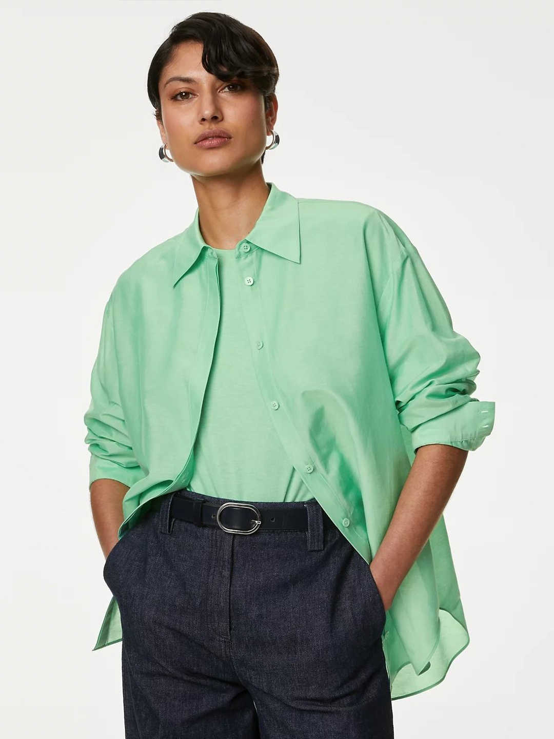 

Marks & Spencer Long Sleeves Silk Cotton Casual Shirt, Green
