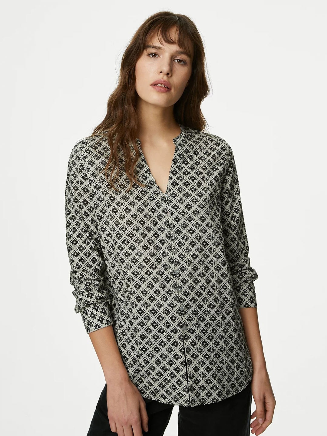 

Marks & Spencer Floral Printed Mandarin Collar Cuffed Sleeves Pure Cotton Shirt Style Top, Off white