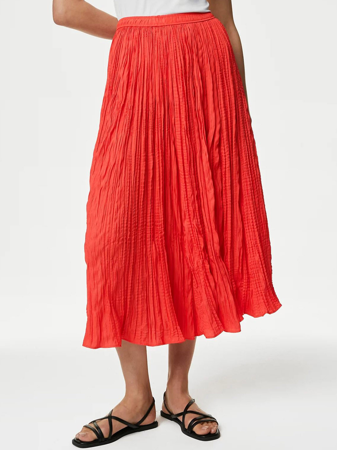 

Marks & Spencer Self Design Gathered or Pleated Flared Midi Skirt, Orange
