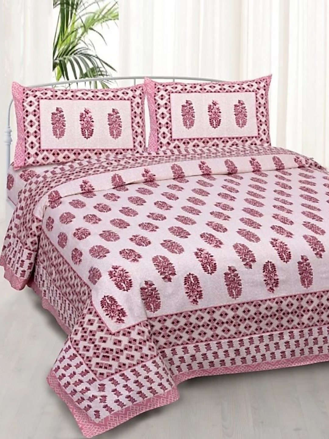 

Aura Pink Ethnic Motifs 144 TC Queen Bedsheet With 2 Pillow Covers