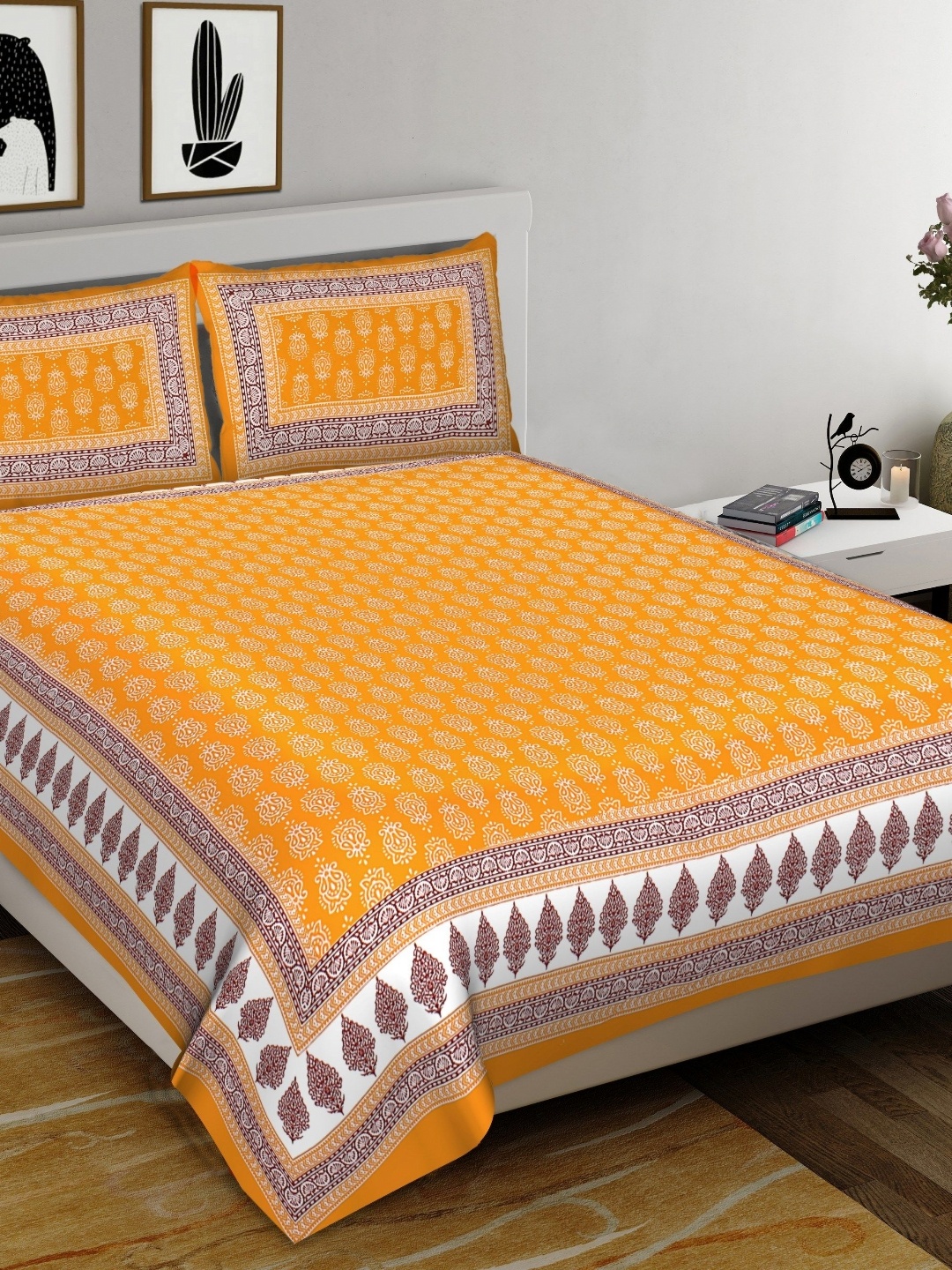 

Aura Yellow & White Ethnic Motifs 144 TC Queen Bedsheet With 2 Pillow Covers
