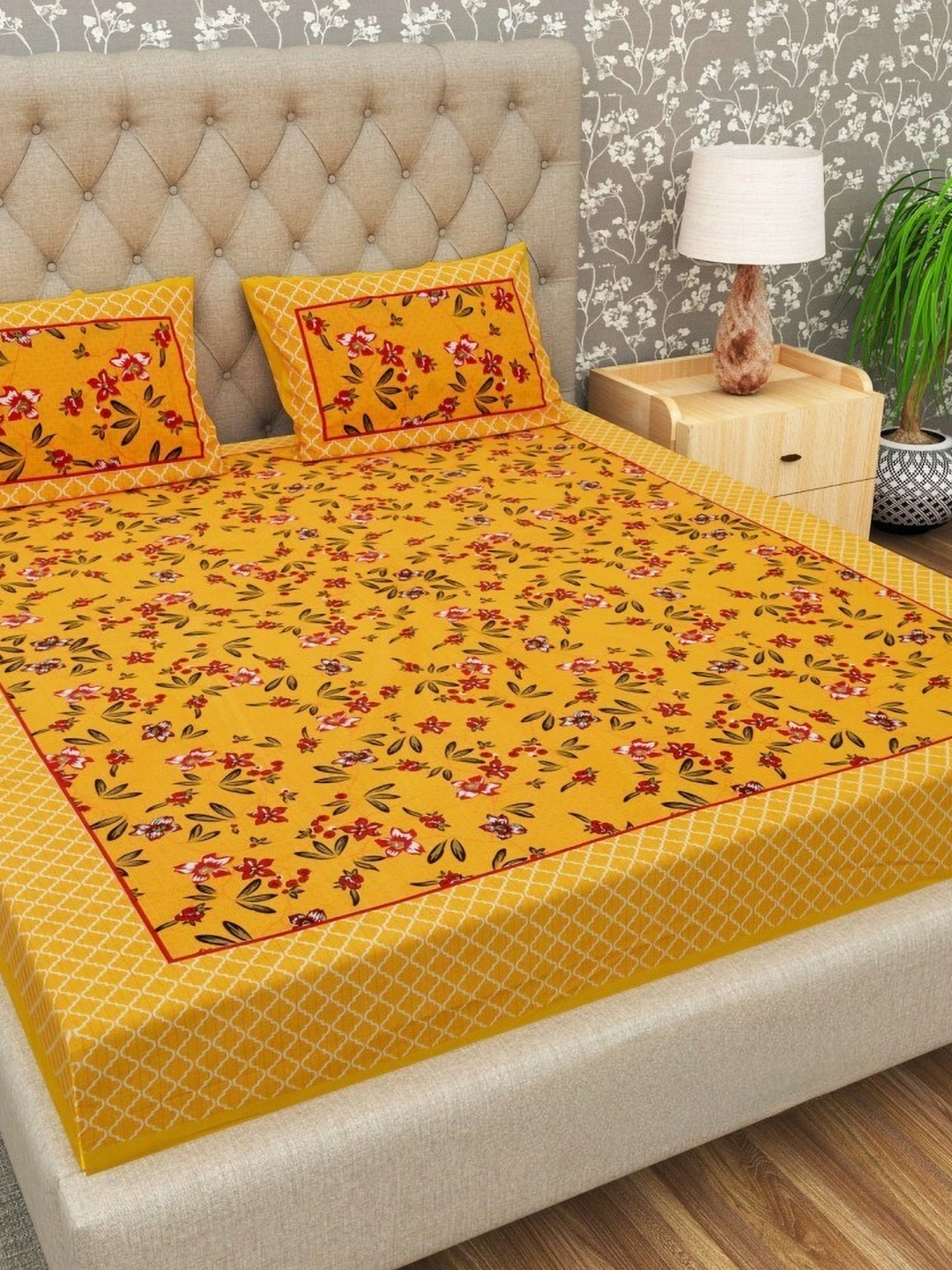 

Aura Yellow & Red Floral 144 TC Queen Bedsheet With 2 Pillow Covers