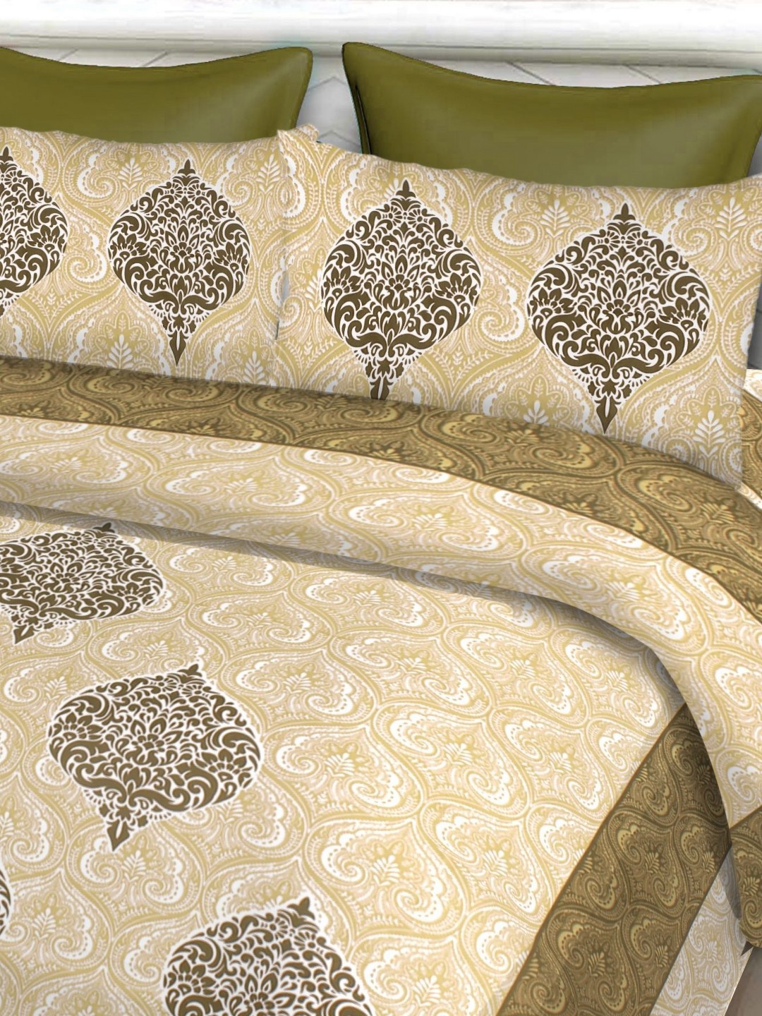 

Aura Yellow & Brown Ethnic Motifs 144 TC Queen Bedsheet With 2 Pillow Covers