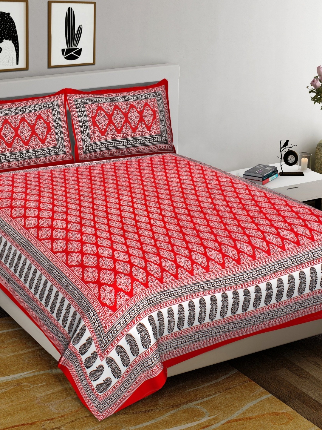 

Aura Red Ethnic Motifs 144 TC Queen Bedsheet With 2 Pillow Covers