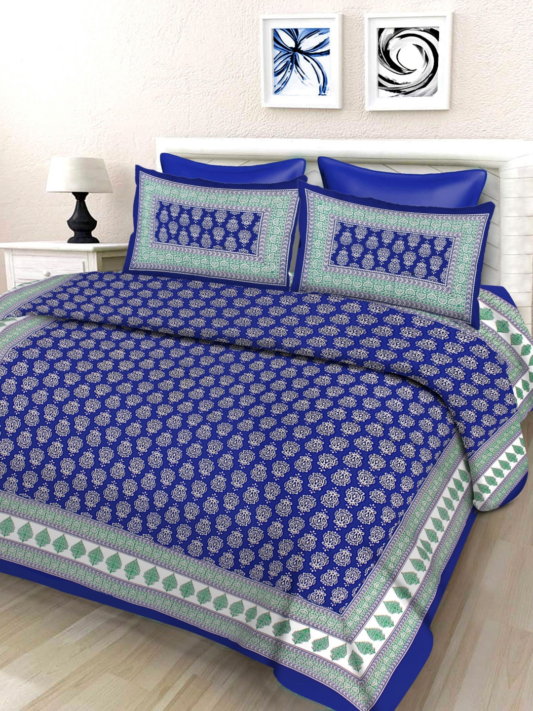 

Aura Blue & Green Ethnic Motifs 144 TC Queen Bedsheet With 2 Pillow Covers