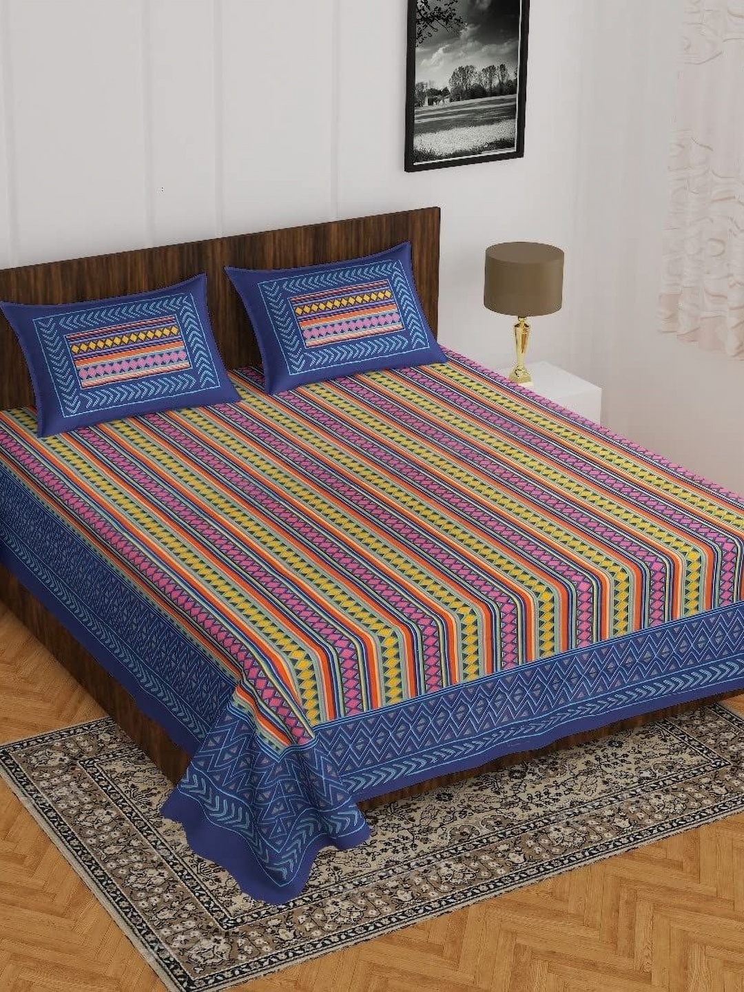 

Aura Blue & Pink Striped 144 TC Queen Bedsheet With 2 Pillow Covers