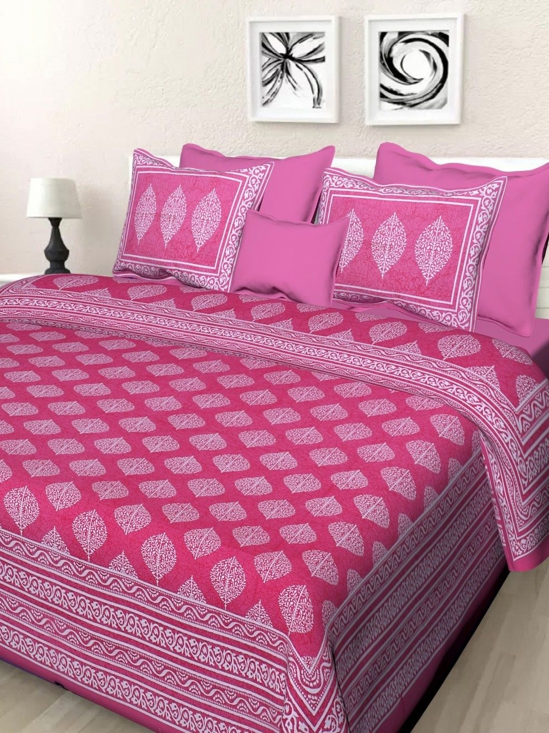 

Aura Pink & White Ethnic Motifs 144 TC Queen Bedsheet With 2 Pillow Covers